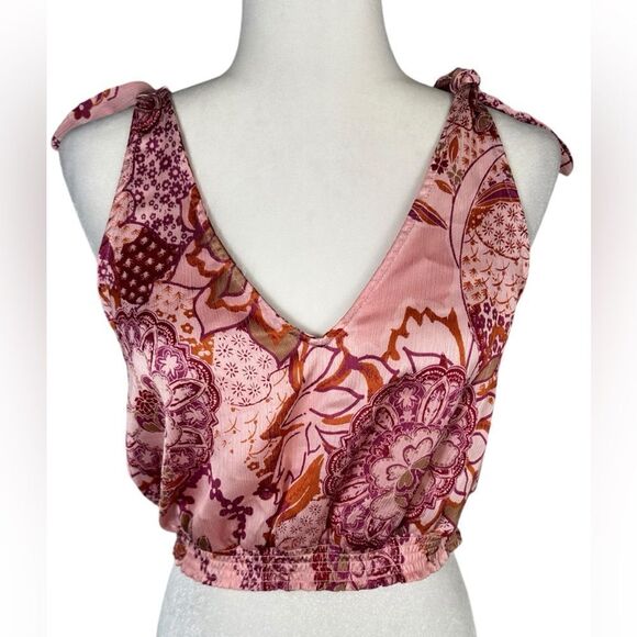 Free People Weekend In Montauk Pink Floral Print Cropped Tank Top - Picture 2 of 8